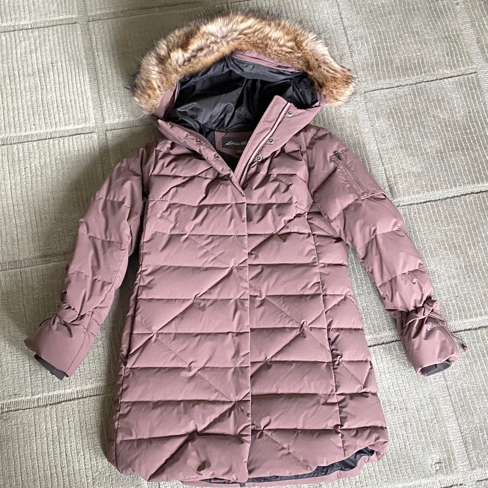 Eddie Bauer Down Women's Pink Puffer Coat with Faux Fur Hood. Size Small